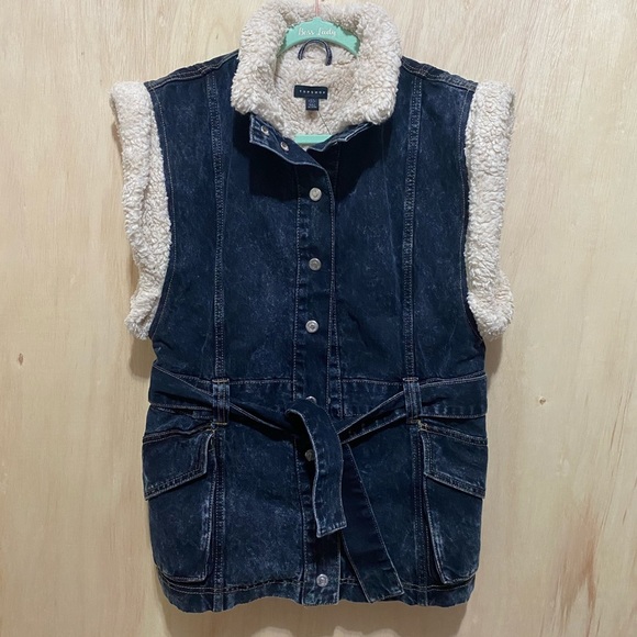 TOPSHOP Denim Vest with Faux Shearling size 2 - Picture 2 of 6